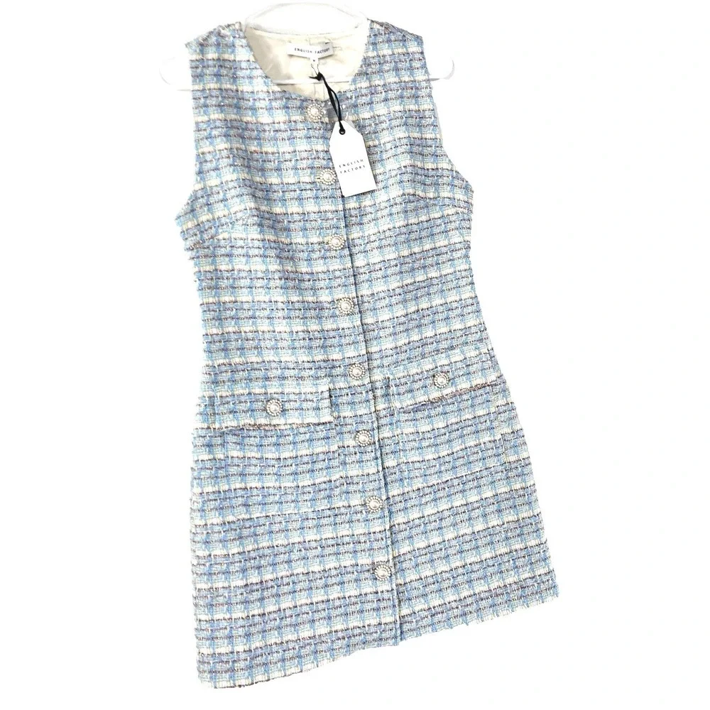 Wool Tweed Pearl Button Mini Dress Mod Woven Baby Blue Retro Womens M NWT $140